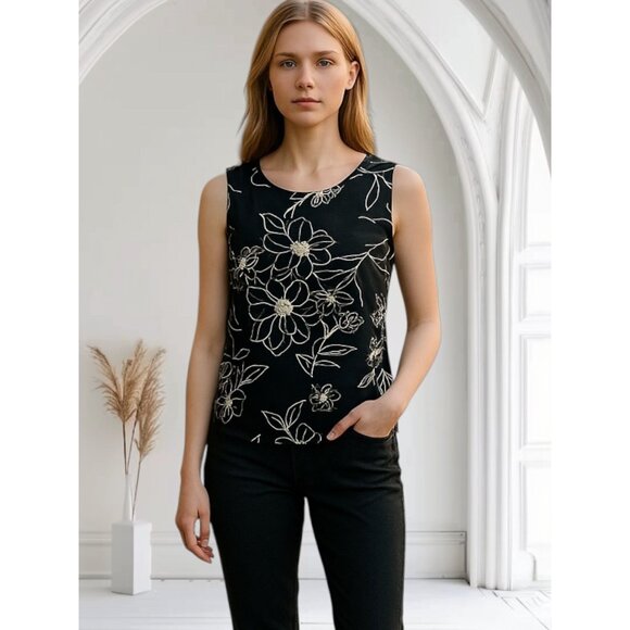 Susan Graver Modern Essentials Size M Womens Floral Knit Tank Black White fresh - Picture 1 of 7